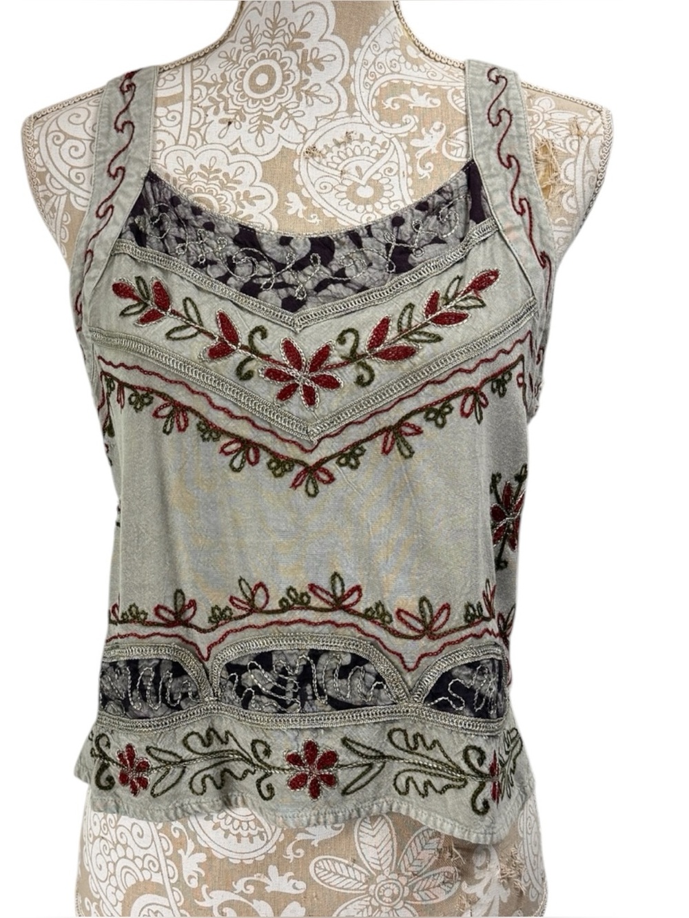 Embroidered Tank Top Size S/M Tie Back Hippie Festival Fairycore Grunge Earthy - Picture 1 of 6
